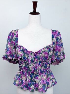 Astr The Label Puff Sleeve Floral Corset Bustier Underwire Cropped Blouse LARGE
